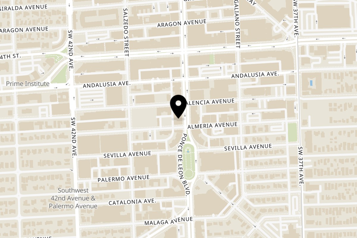 Map showing the location of Shahs of Kabob Coral Gables on 2624 Ponce de Leon Blvd in Coral Gables