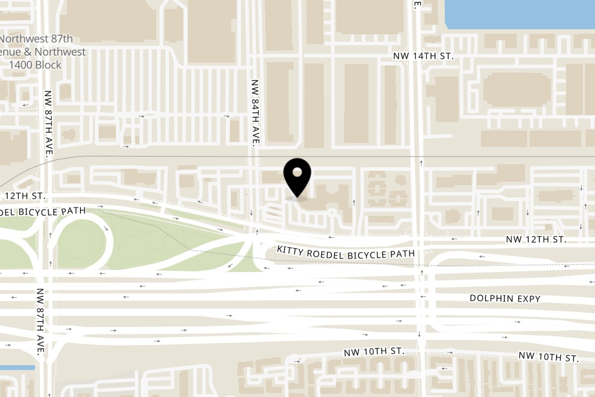 Map showing the location of Shahs of Kabob Doral on 8341 NW 12th St in Miami